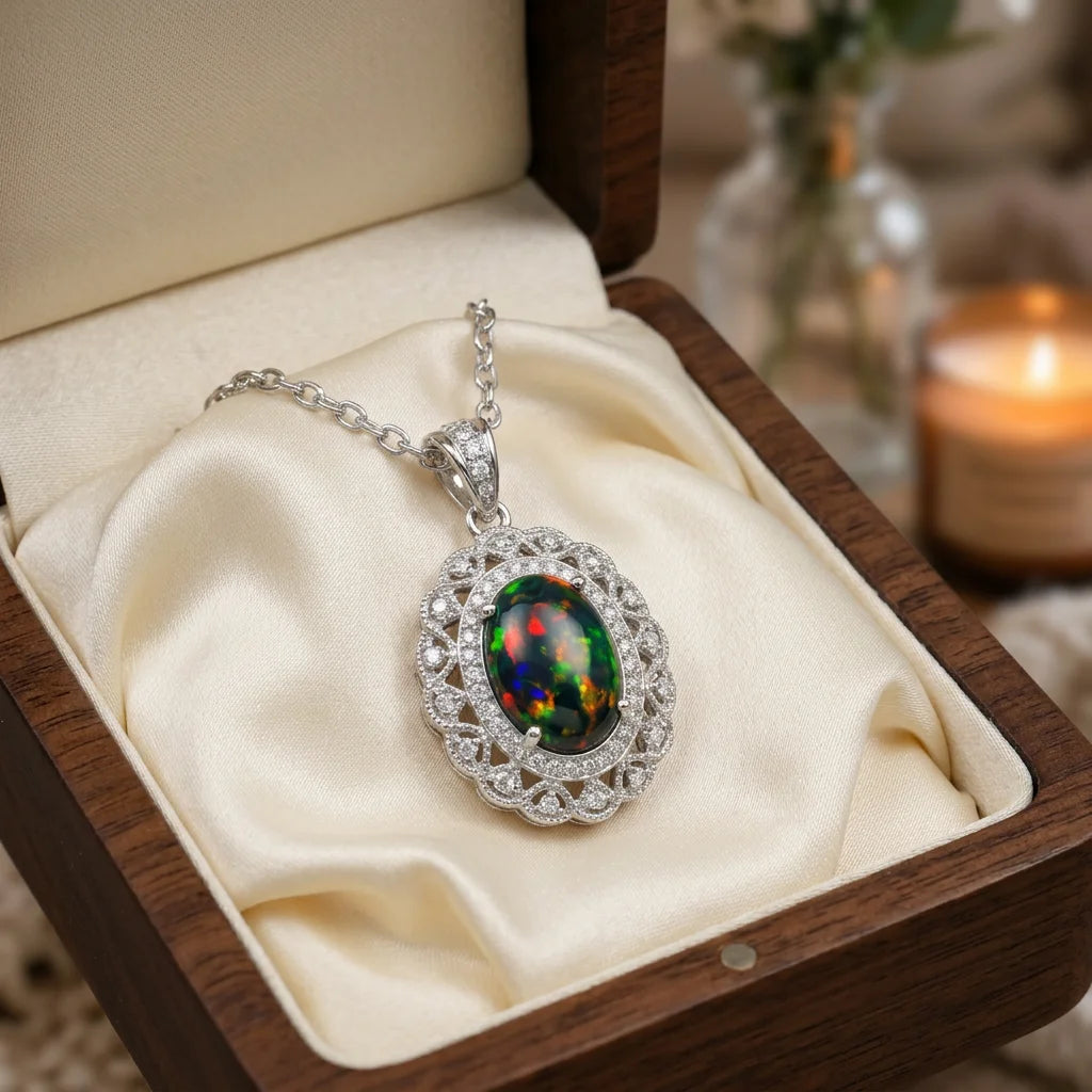 Mehrajuddin Gems Opal Oval Cut Link Pendant Necklace Silver Plated Alloy Classic Children's Solitaire Wings Bezel Setting Gift