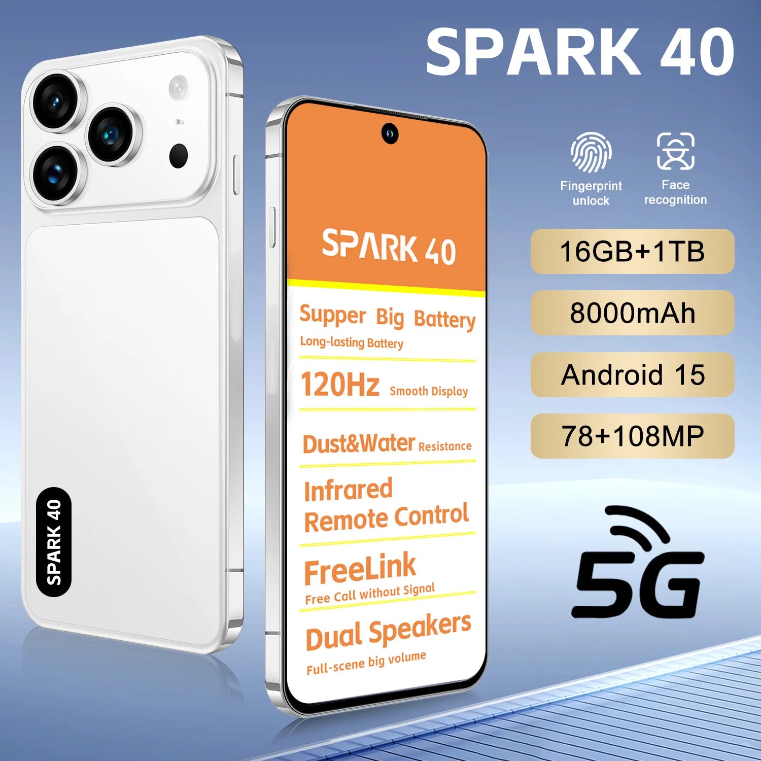 SPARK 40 5G smartphone featuring a 78MP+108MP dual camera and long-lasting 8000mAh battery, side profile view.
