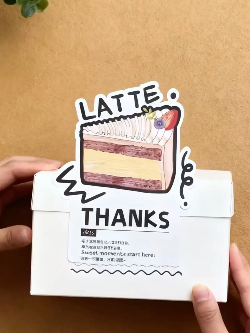 Late thanks cake slice PVC sticker label on white envelope package