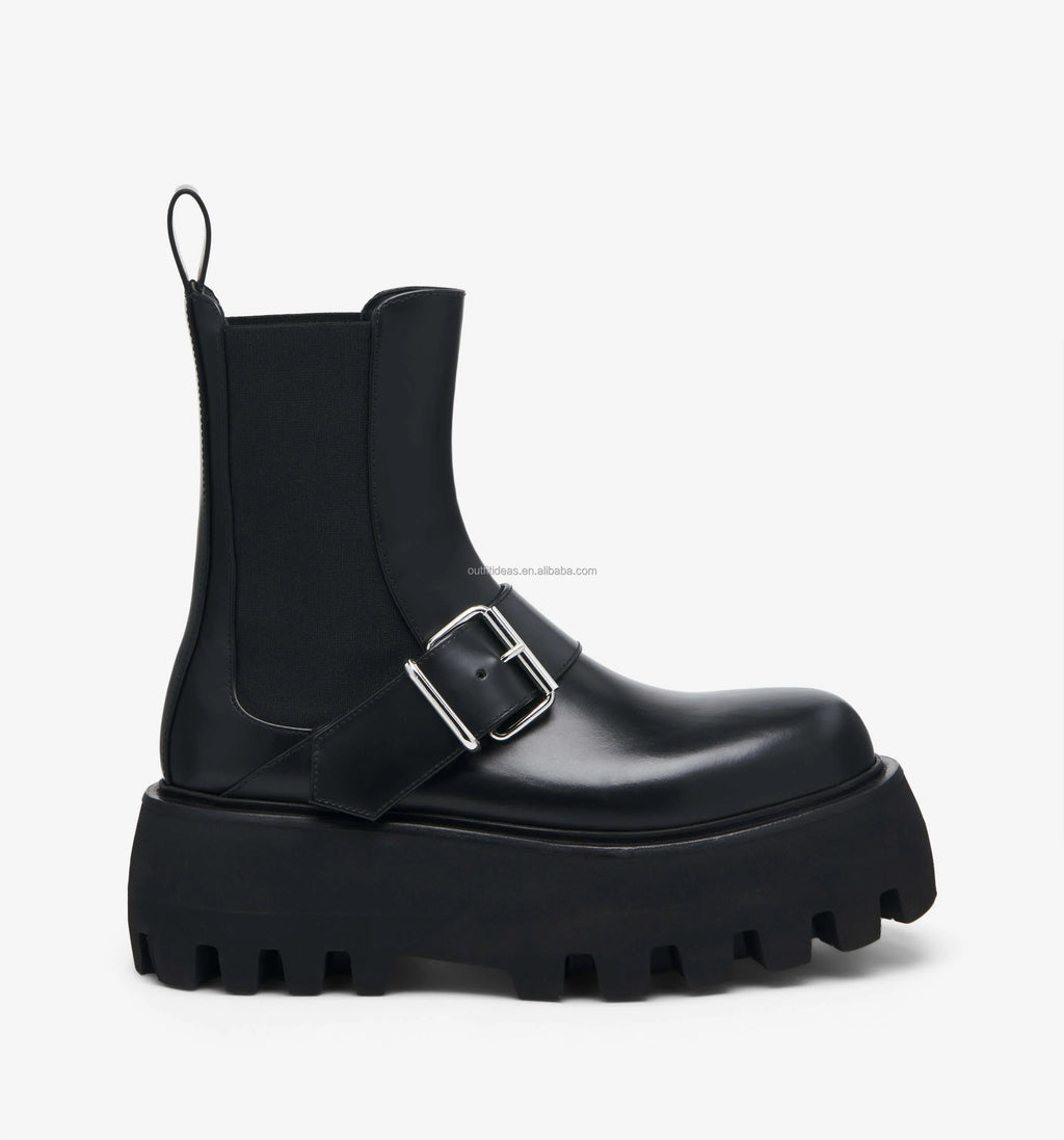 Round Toe Black Smooth Calf Leather Chunky Lug Sole Unisex Women Sofa Buckle Boot Men Dress Shoes Unisex Men Sofa Chelsea Boots
