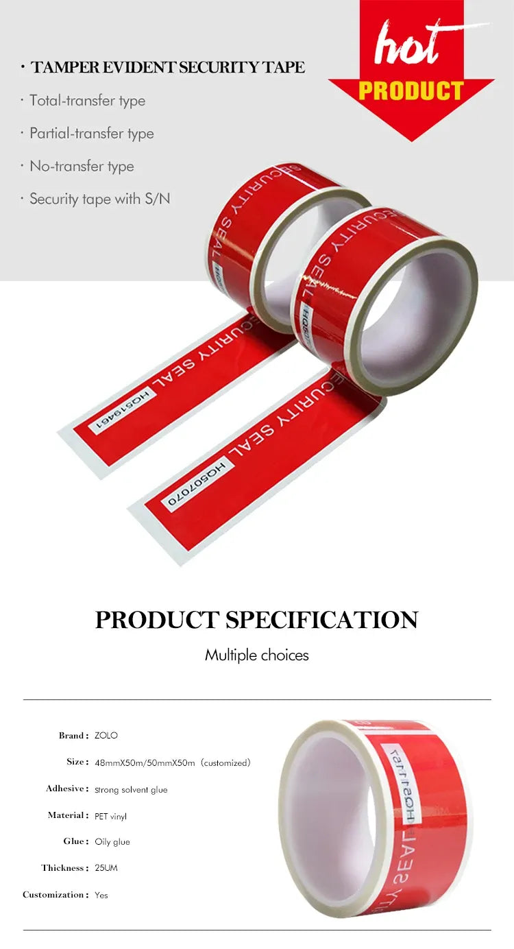 Red security seal tape product packaging sheet with roll shown and “TAMPER EVIDENT SECURITY TAPE”
