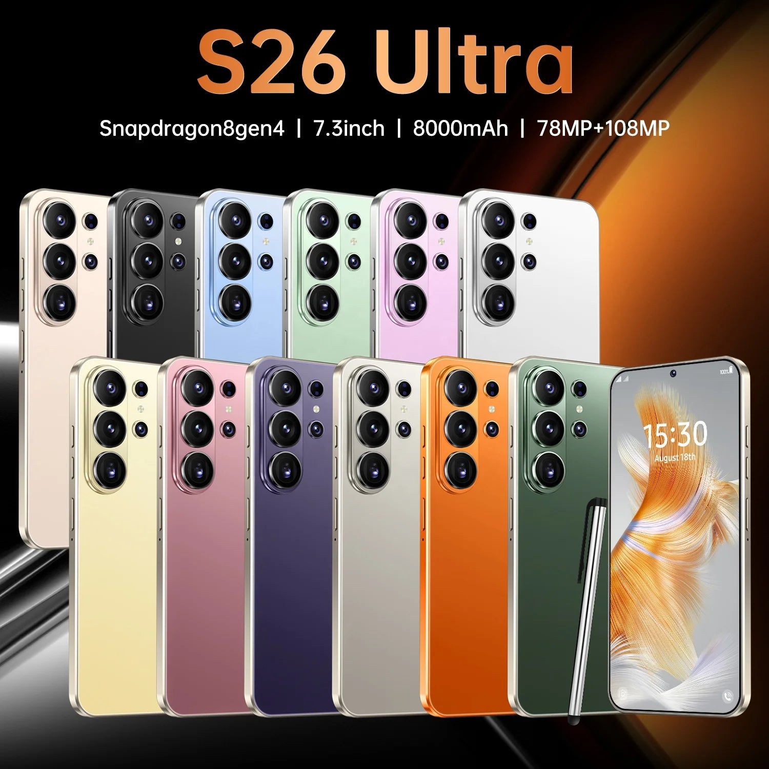 S26 Ultra smartphone with 7.3 inch display 22GB RAM 2TB storage and 8000mAh battery in gallery view