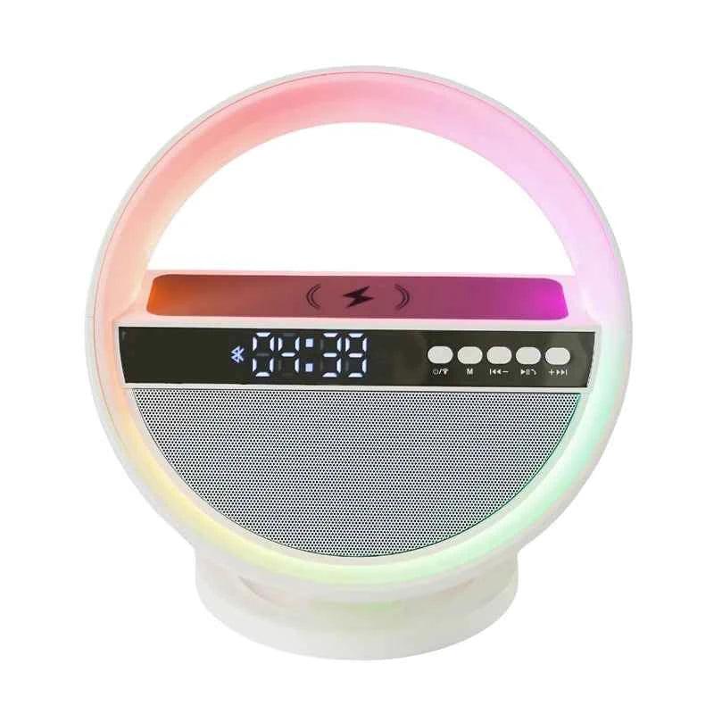 Round white wireless charging speaker with a color-changing LED ring, digital clock, and front control buttons.