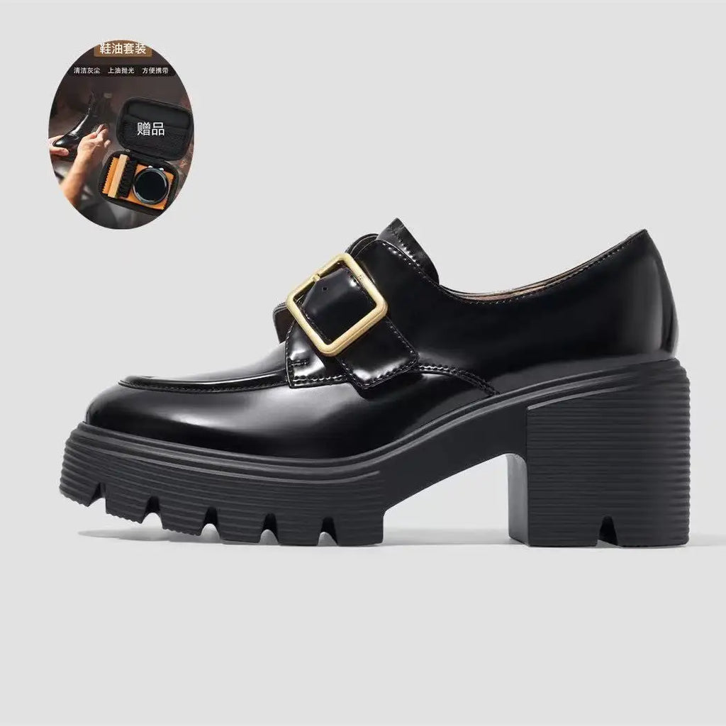 High-end Loafers for Women with Adjustable Buckles and Thick Heels, Suitable for Office Wear and Heightening the Appearance