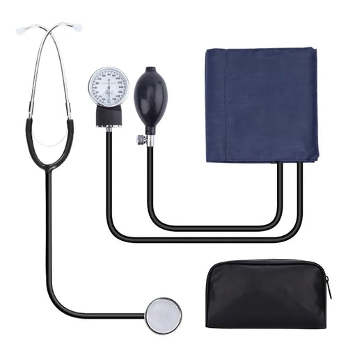 Manual arm blood pressure monitor/sphygmomanometer with blue cuff, analog gauge, and black stethoscope kit for health.