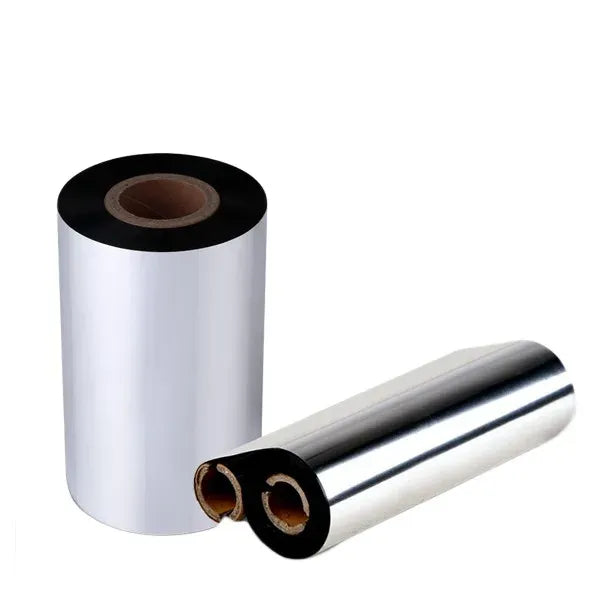 Wax/resin barcode ribbon roll with black rim, silver film, and brown center core