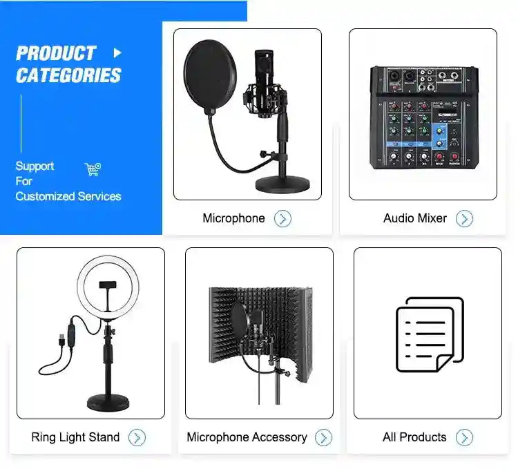 Product menu showing a microphone, audio mixer, ring light stand, and microphone sound shield for recording equipment.