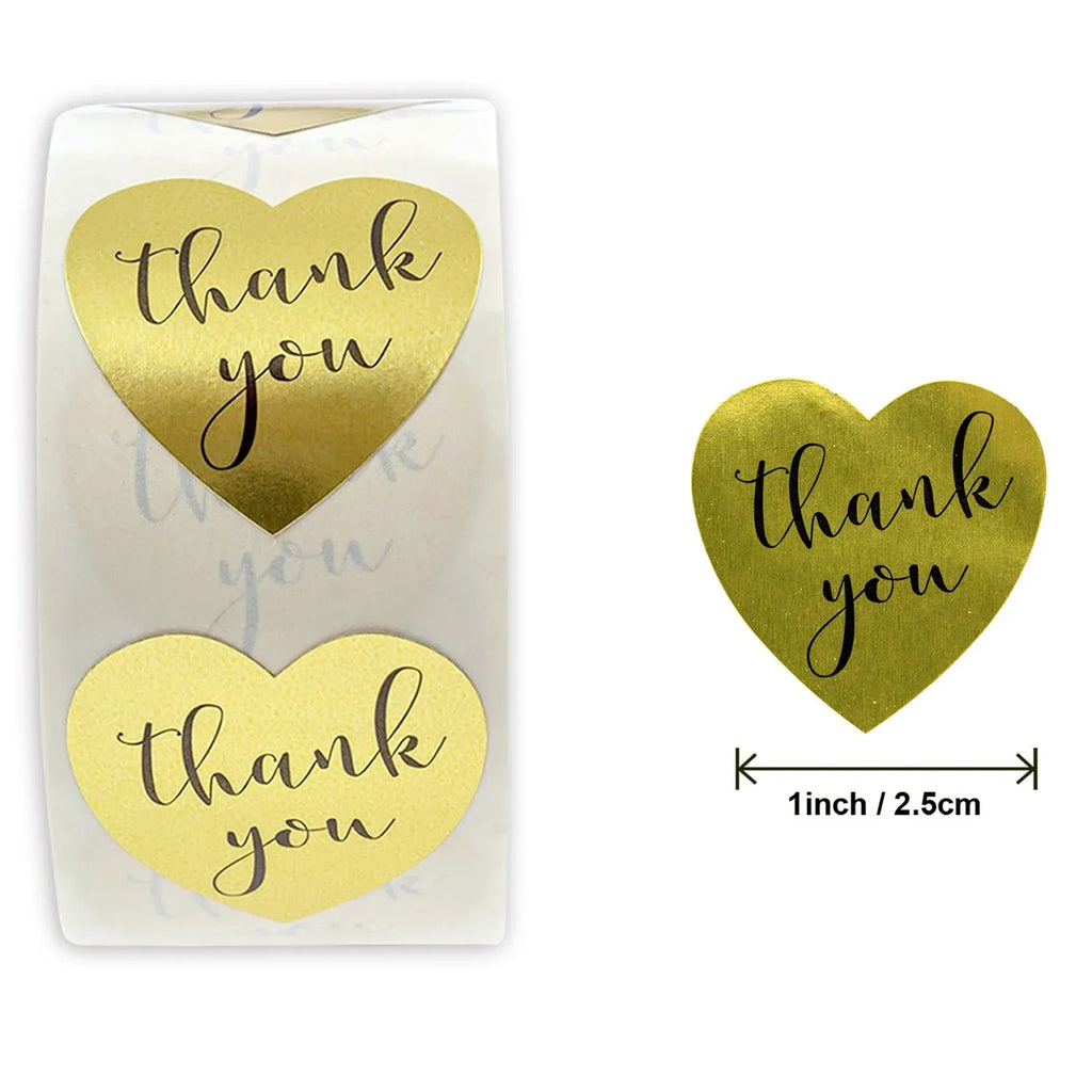 Heart thank you sticker sheet and roll, gold hearts with “thank you” script