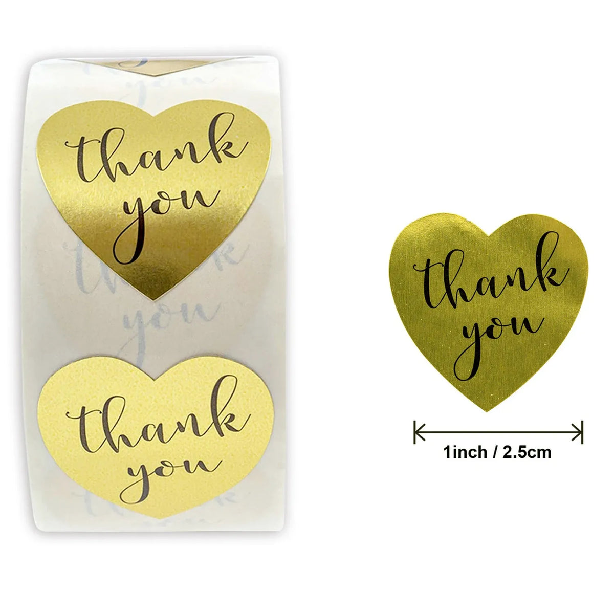 Heart thank you sticker sheet and roll, gold hearts with “thank you” script