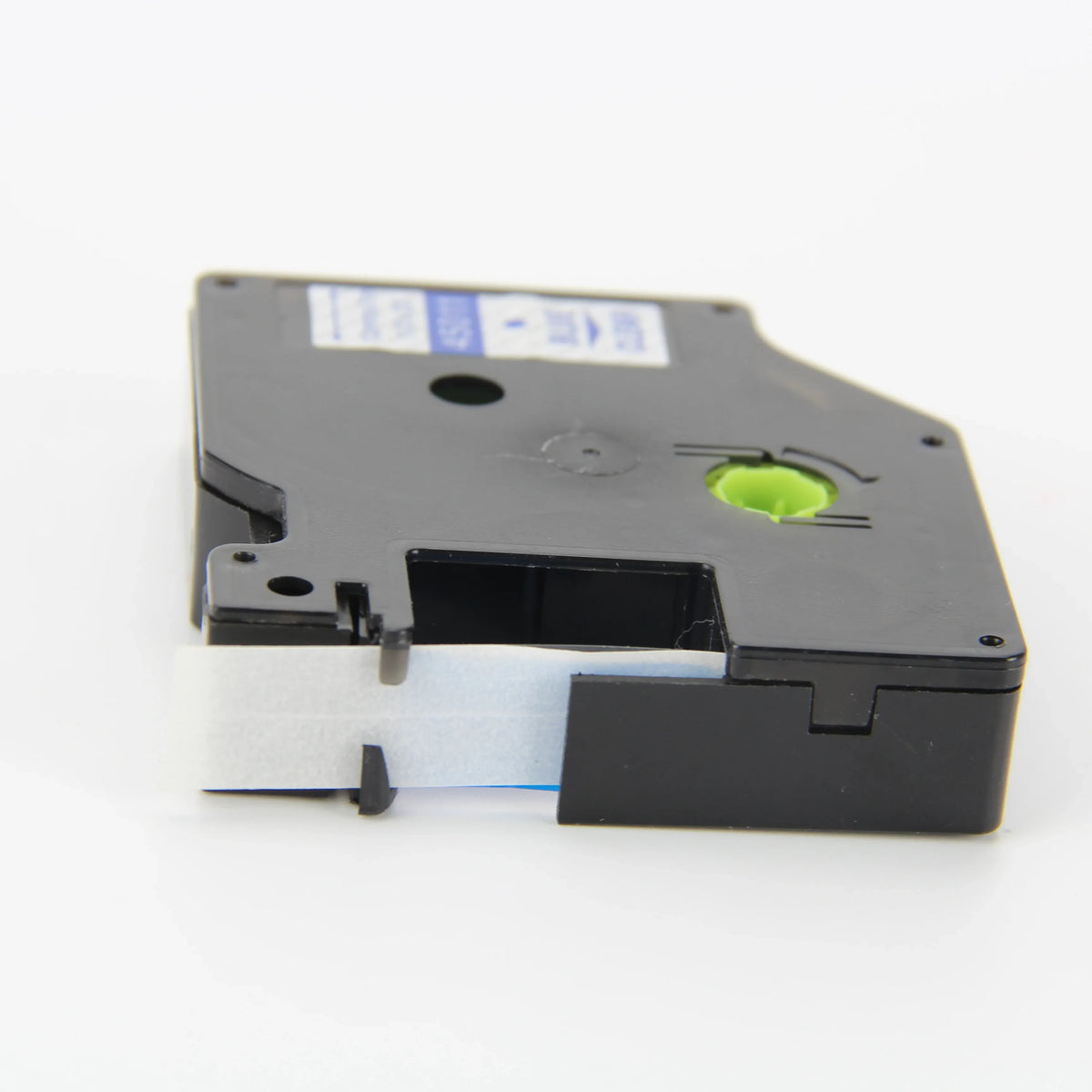 Black D1 thermal label tape cassette with exposed blue strip and green gear window