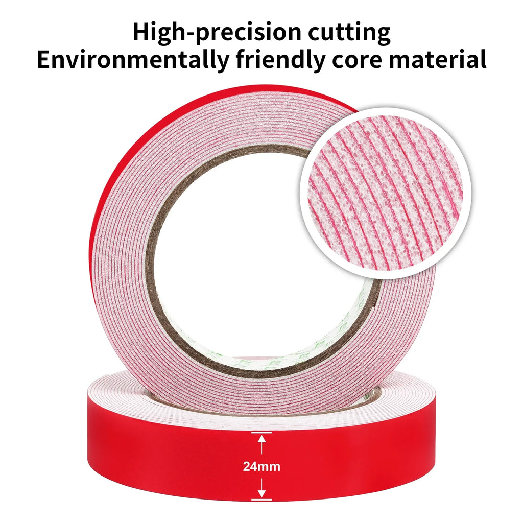 Red double-sided foam tape roll with close-up texture and 24mm width marking