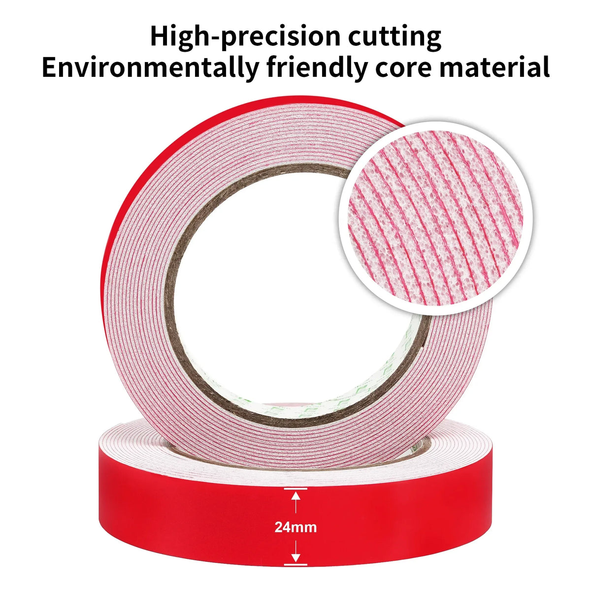 Red double-sided foam tape roll with close-up texture and 24mm width marking