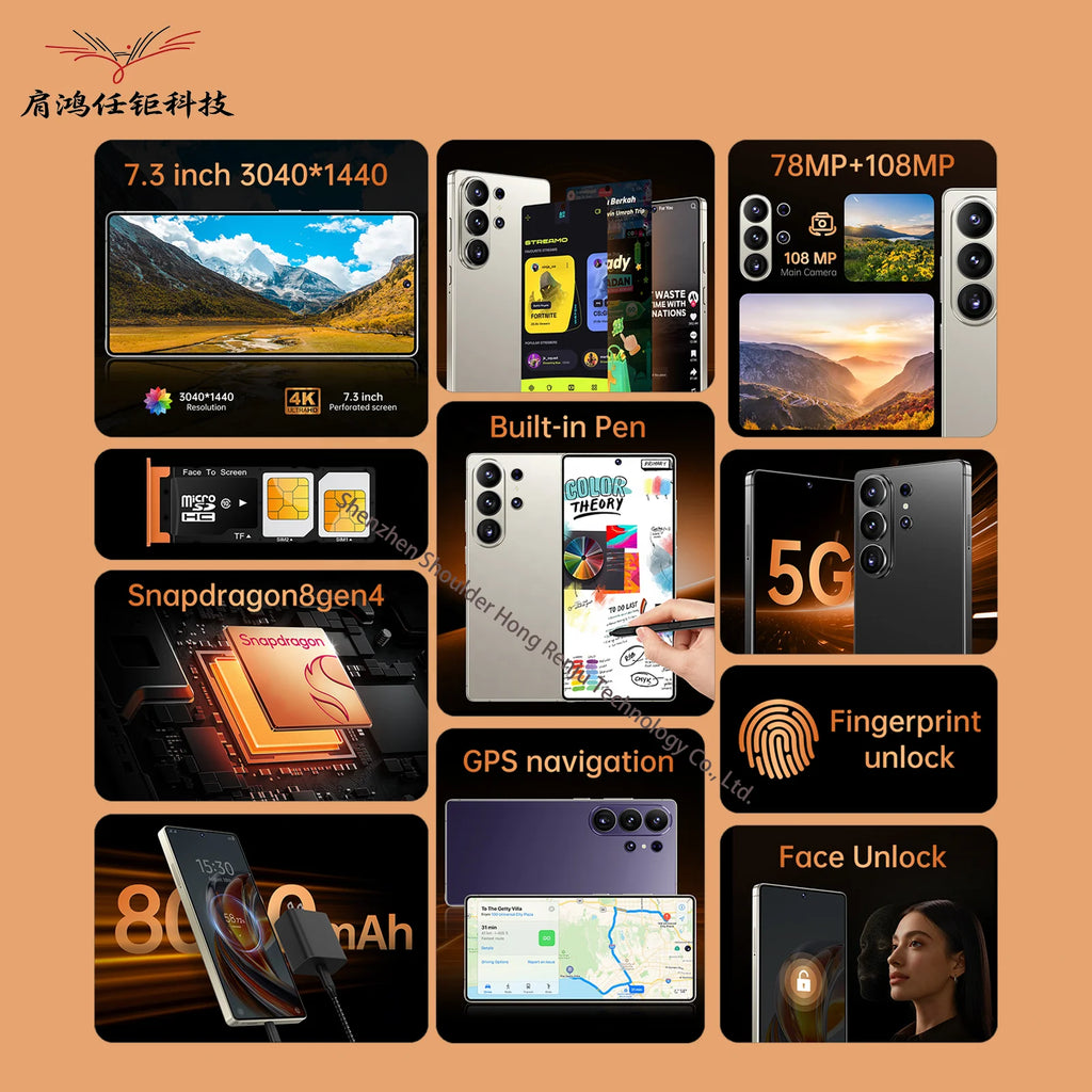Tidesmit S26 Ultra 5G smartphone with 7.3-inch screen, 22GB RAM, 2TB storage, 8000mAh battery and stylus pen.