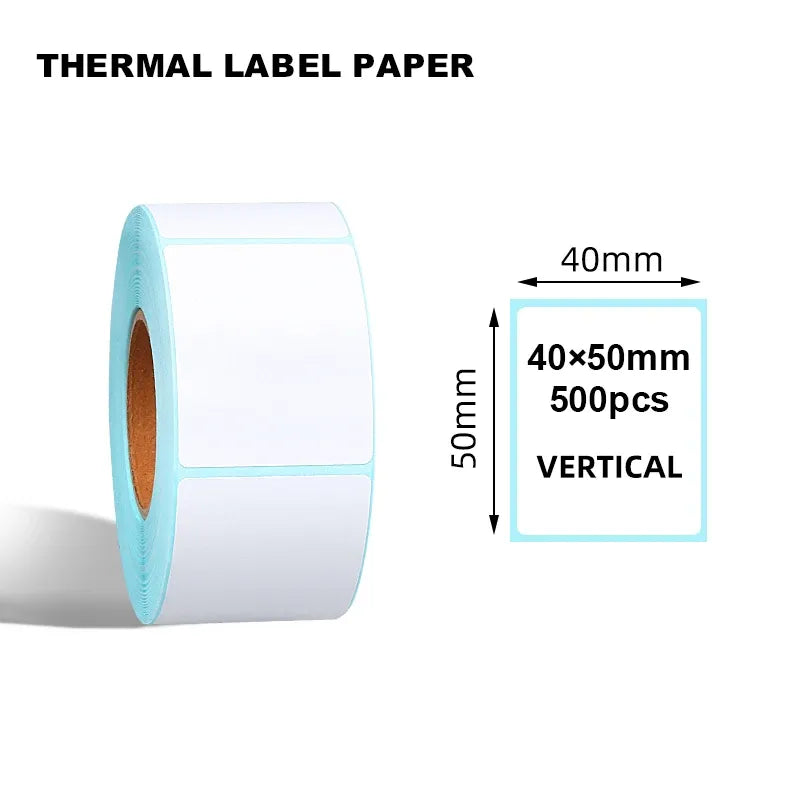 Thermal label paper roll with sky blue rim, 40x50mm label size shown
