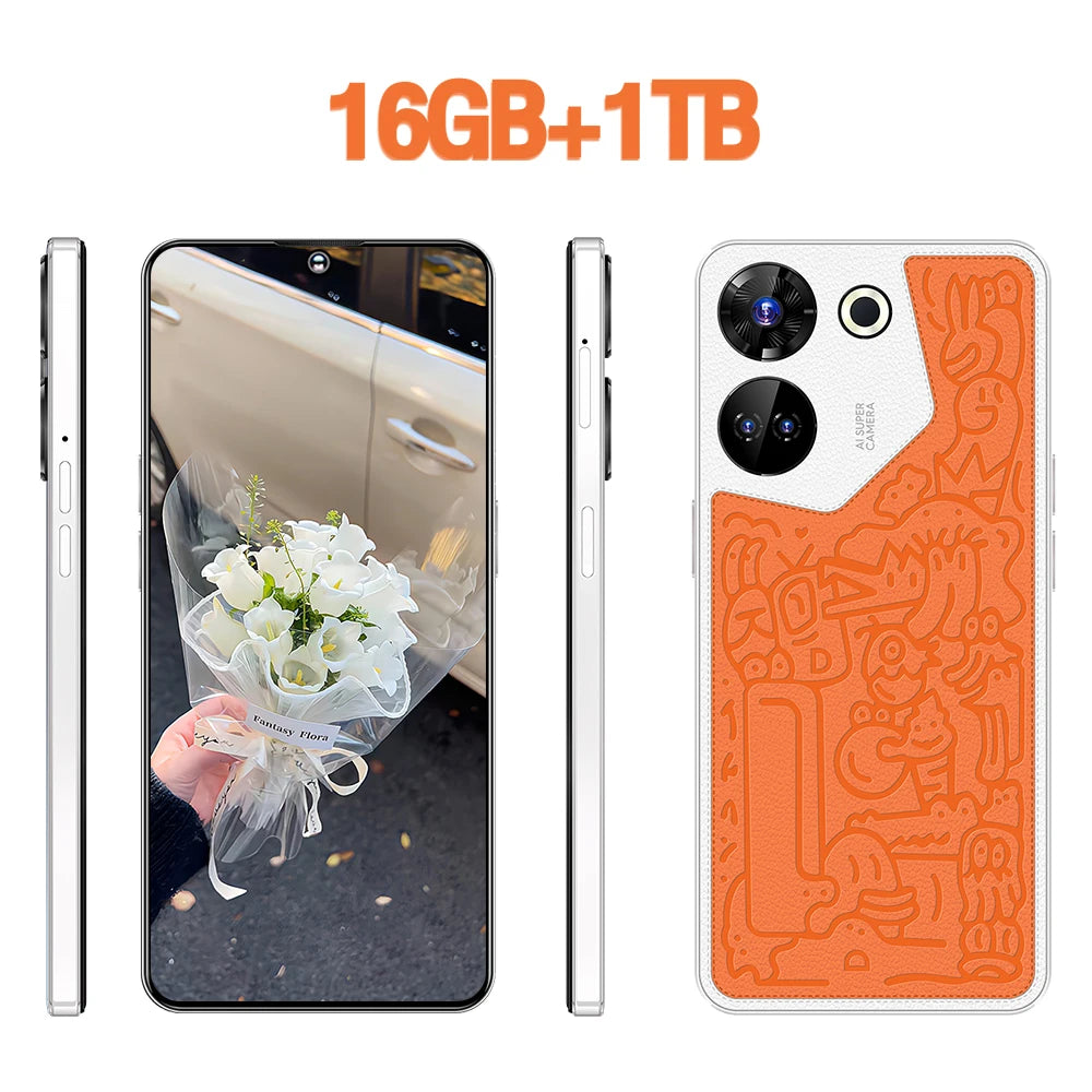 Orange Android smartphone with dual rear cameras and embossed pattern, front view