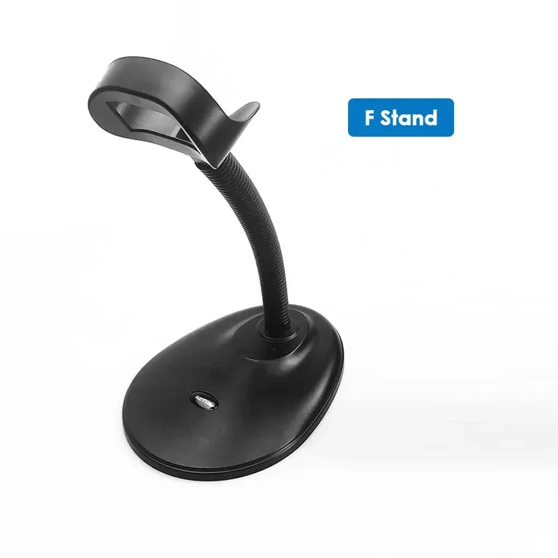 Black handheld barcode scanner with F Stand cradle, flexible neck, and desktop base