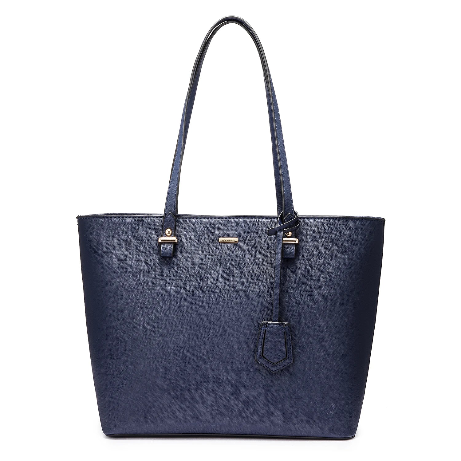Navy blue LOVEVOOK designer PU leather tote handbag with gold hardware, elegant shoulder straps, and hanging charm.