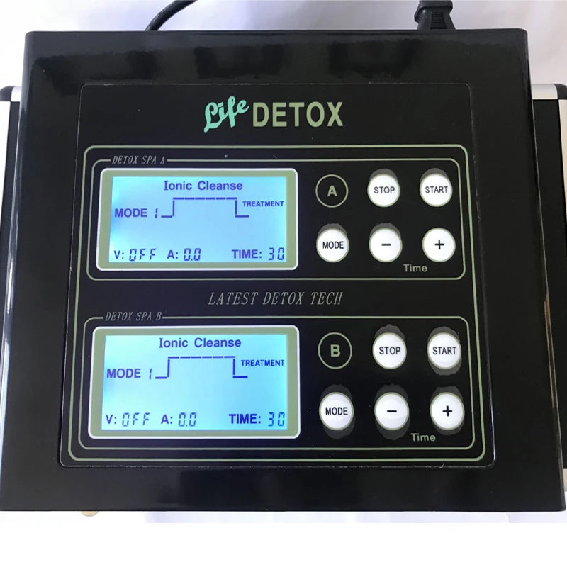 Black dual ionic detox foot spa machine with LCD screens and control buttons for home health therapy sessions.