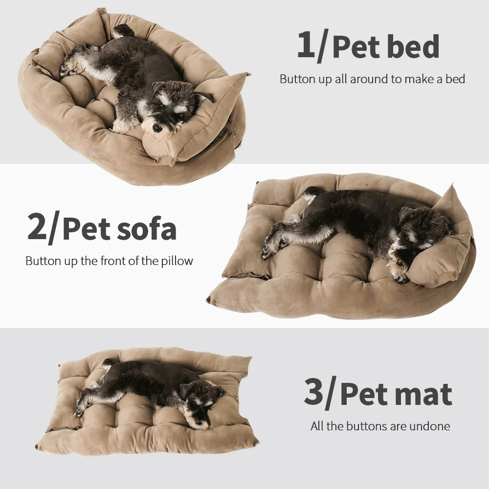 Cozy tan convertible dog sofa bed, pet mattress, and sleeping mat for small to large dogs. Comfortable, warm winter pet.
