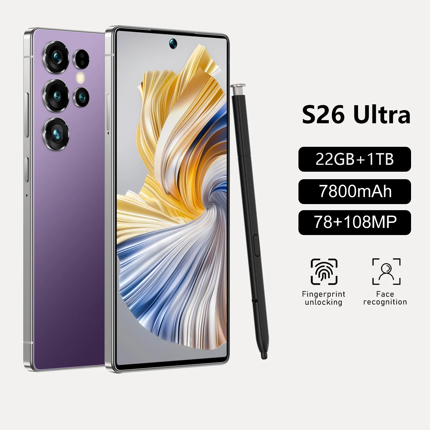 S26 Ultra 5G Smartphone 22GB RAM 1TB Storage - Unlocked Dual SIM Purple 22GB 1TB Tidesmit
