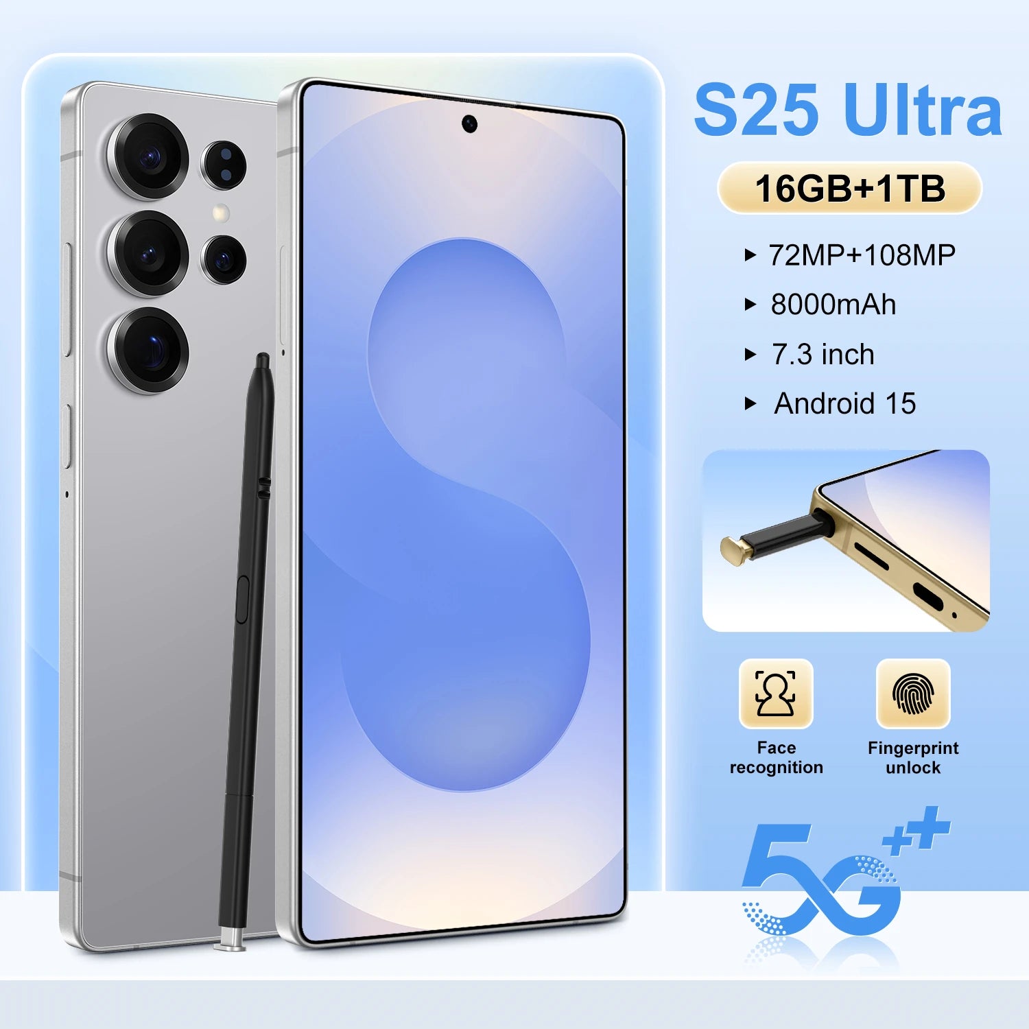 2025 S25 Ultra Deca Core Android Smartphone 7" LED 108MP 7800mAh 5G CDMA LTE French Spanish English Built-in Pen