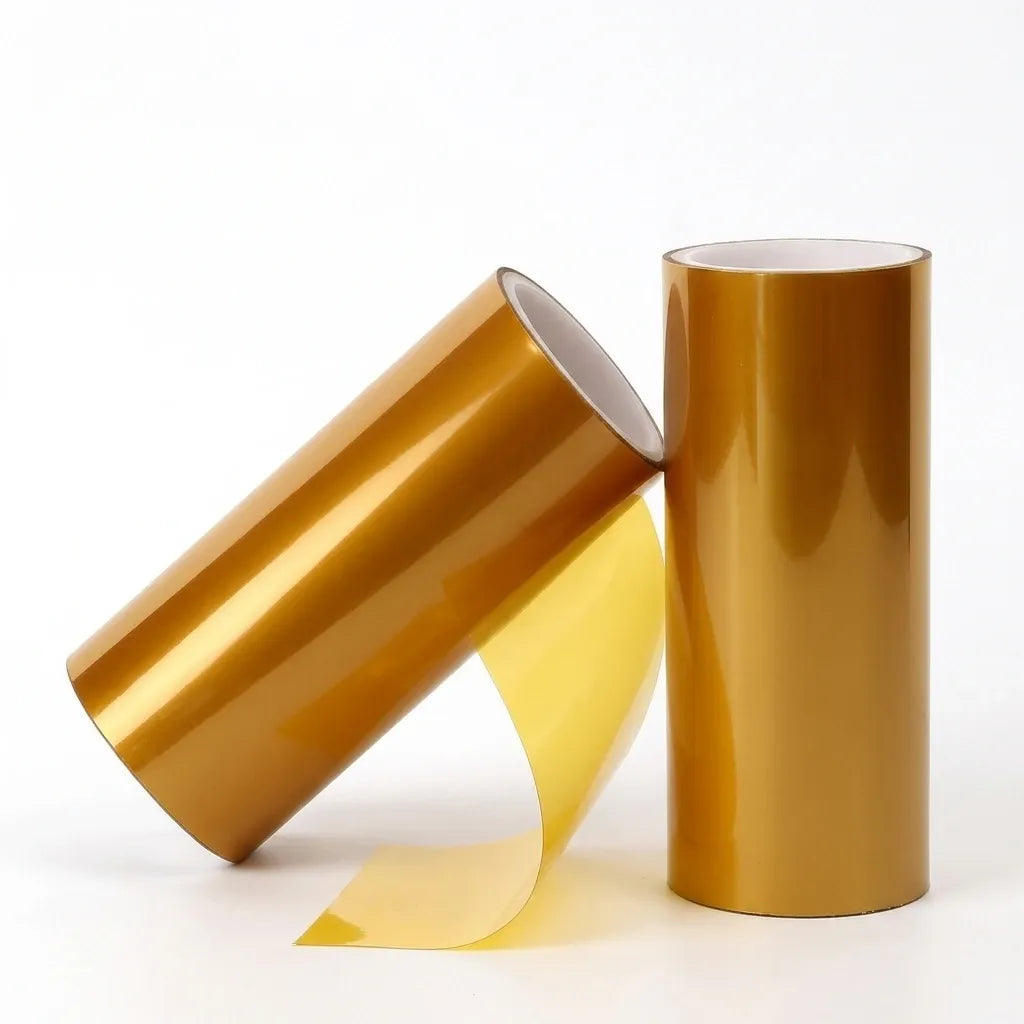 Amber-gold heat tape roll with loose strip, white release liner on top