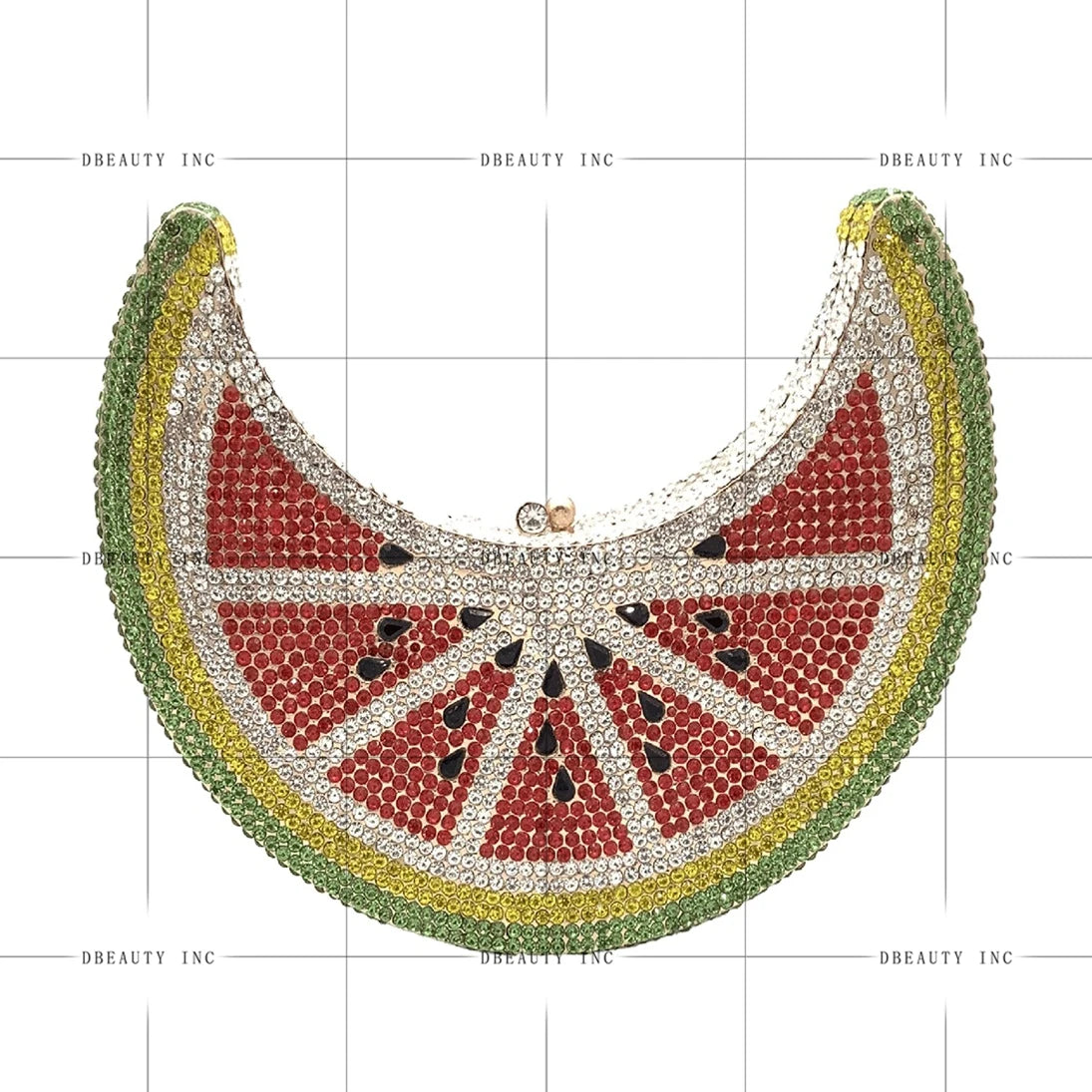 Watermelon-shaped rhinestone evening clutch, crescent design with red, yellow, green crystals for luxury wedding style.