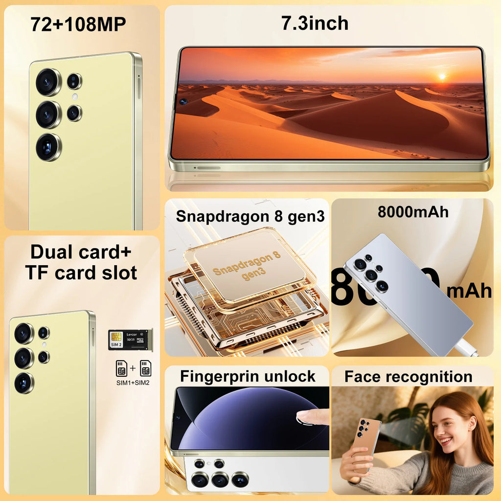 New S26 Ultra Original 5G Smartphone 7.3-Inch HD Screen 16GB+1TB Dual Card 72+108MP HD Beauty Camera Spanish Operating Language