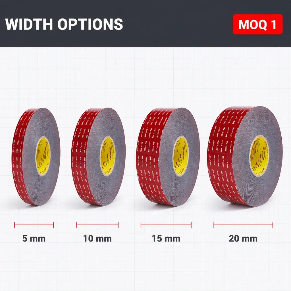 Red double-sided foam tape roll with width options: 5, 10, 15, 20 mm