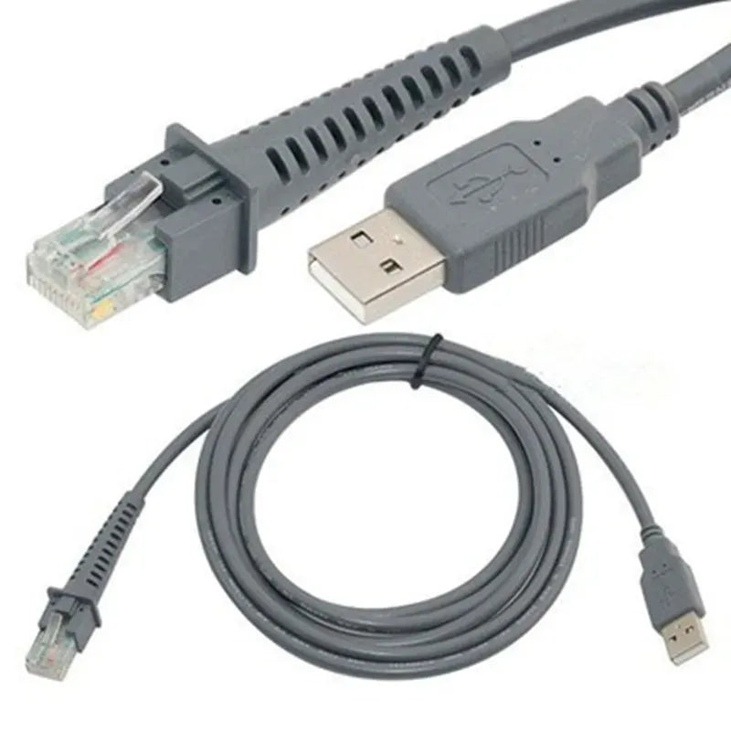 Barcode scanner USB cable with gray connectors and RJ45 ends, plus coiled cable.