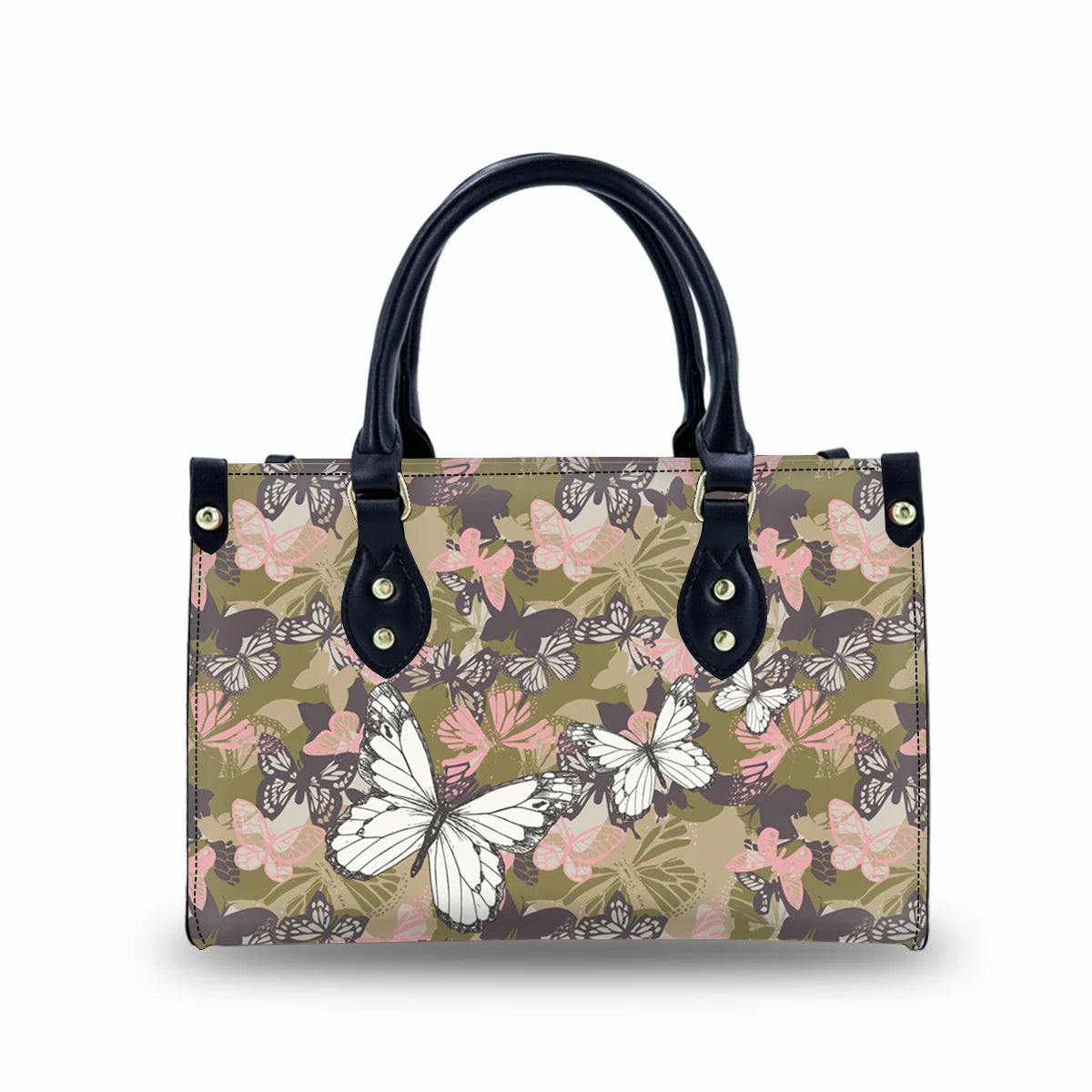 Genuine leather trunk handbag featuring a tan and pink butterfly pattern, black top handles, and gold-tone hardware.