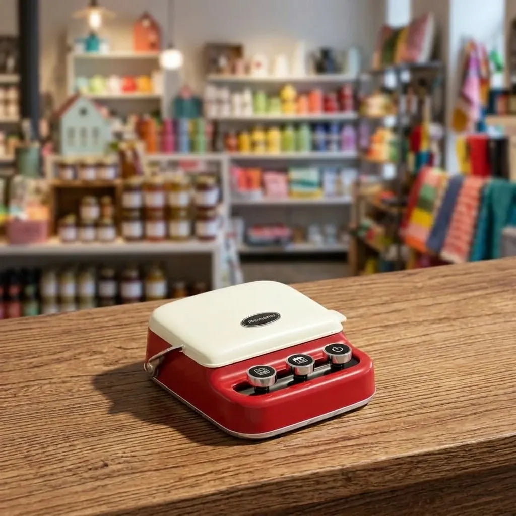 Compact red label maker on a wooden tabletop