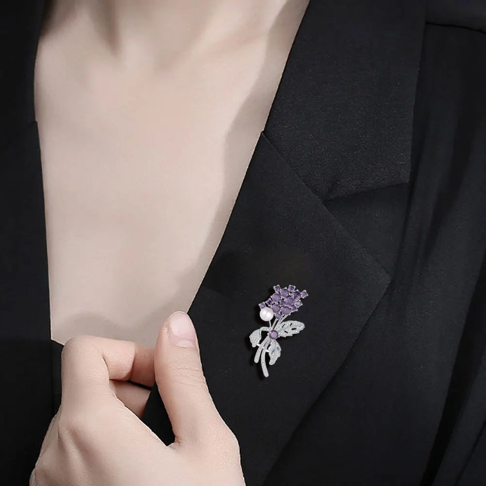 TIANSHE High-end Natural Freshwater Pearls Purple Flower Brooch S925 Pure Silver Pin Accessory Girlfriend's Gift