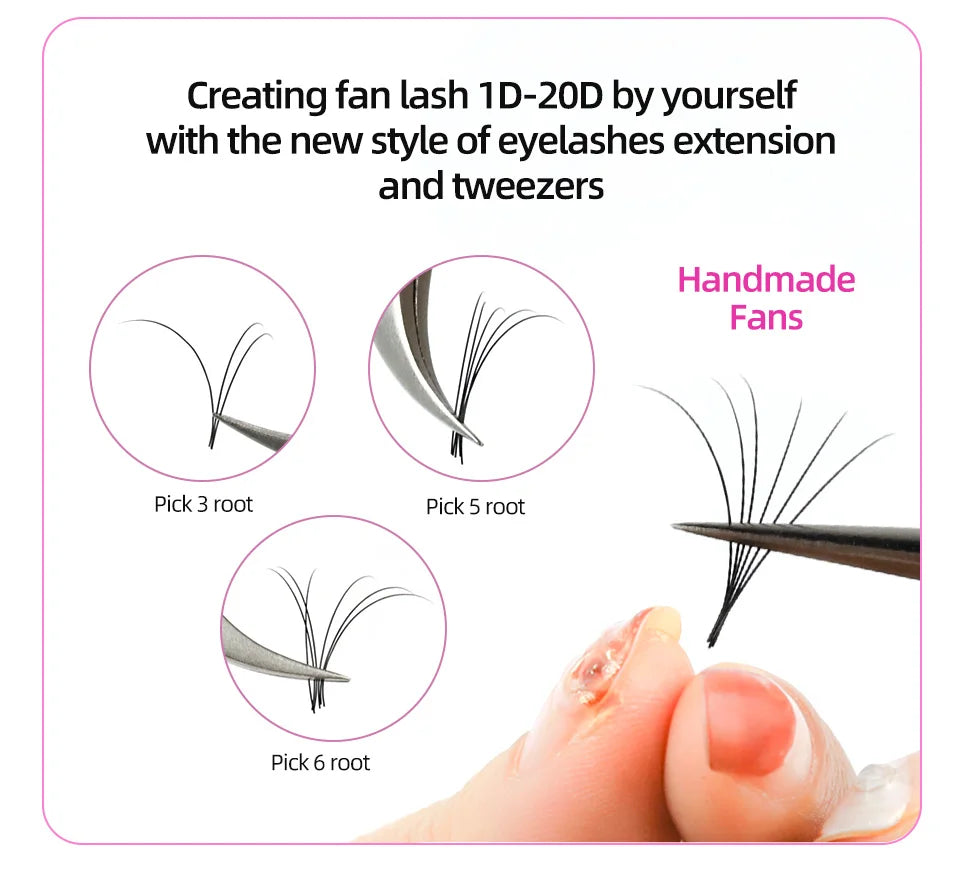 Tweezer picking black 0.03mm silk Russian volume lash fans of varying sizes for DIY eyelash extensions.