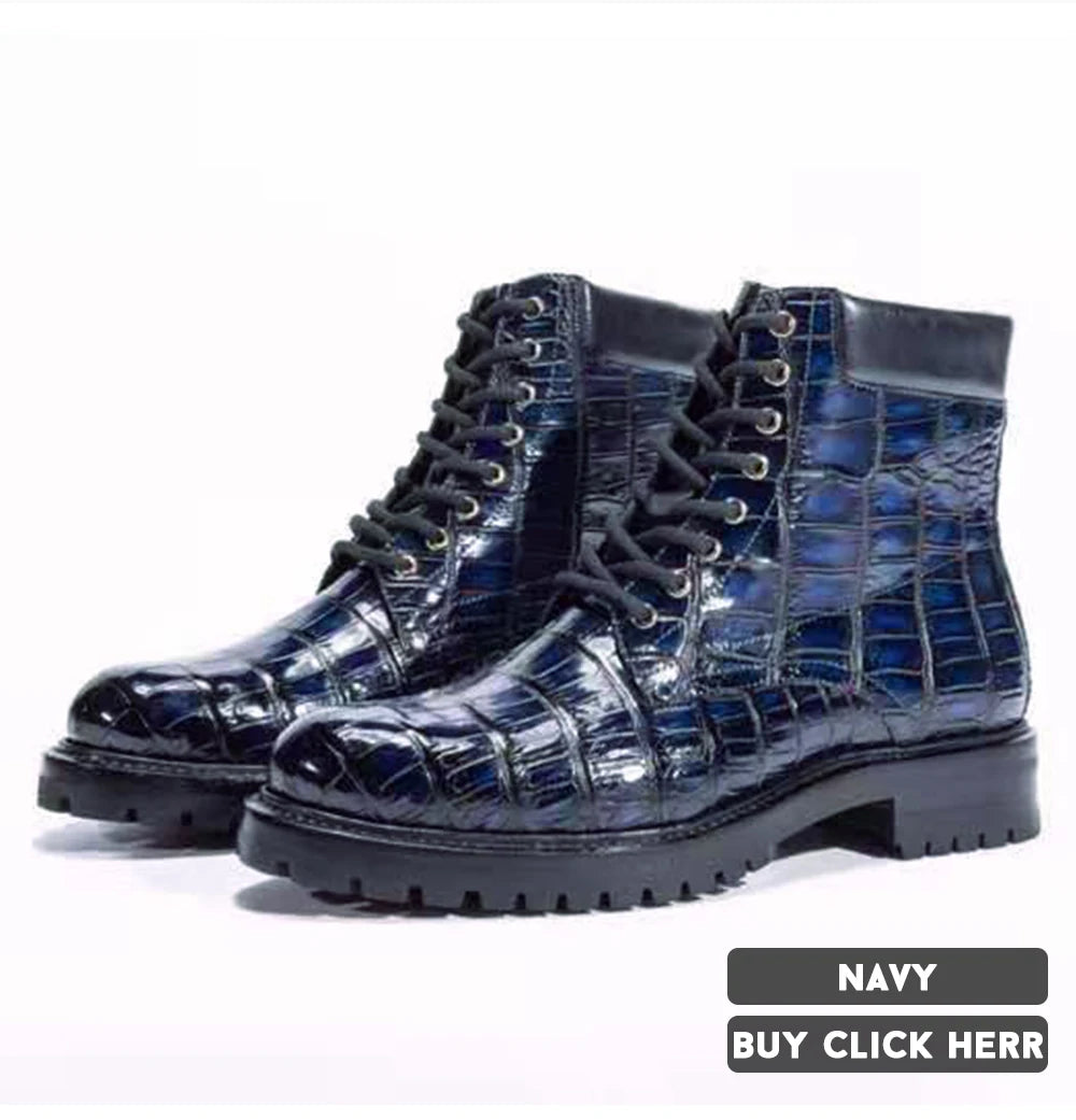Stylish Men's Leather Boots Rubber Sole Luxury Genuine Crocodile Leather Shoes High Top Quality Ankle Boots for Men Shoes