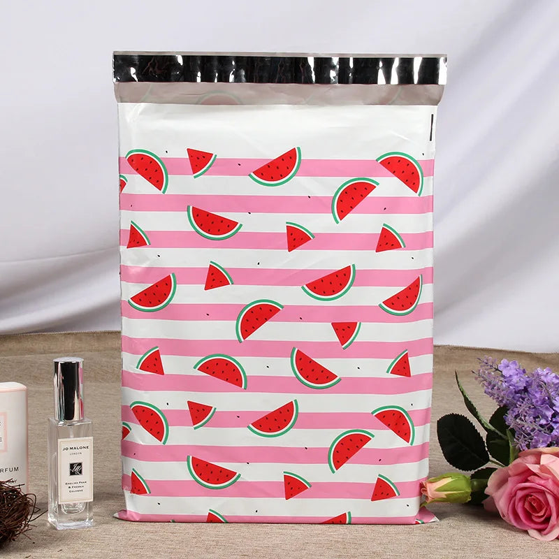 Pink stripe poly mailer with watermelon print and silver top seal