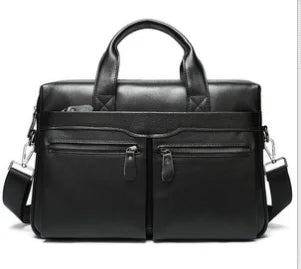 Black genuine leather designer handbag, women's shoulder tote with double front zip pockets and top handles.