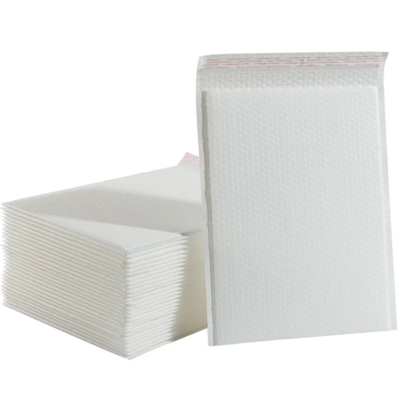White bubble mailer shipping envelope bag with foam padding and self-seal flap