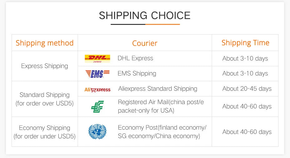 Shipping choice table listing methods, couriers, and estimated delivery times for express, standard, and economy.