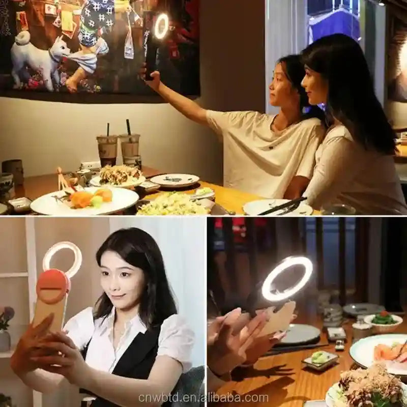 Small, round black phone-attachable ring light for illuminating faces while taking selfies or recording video.