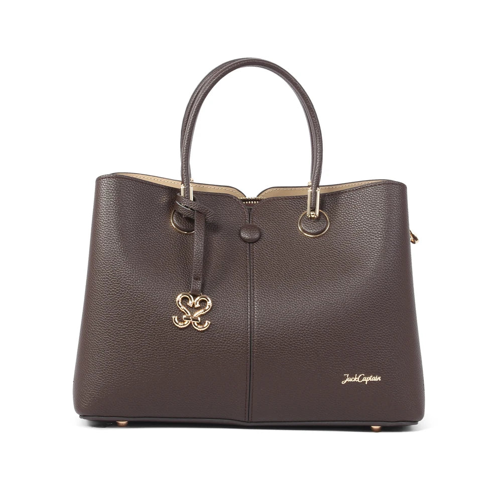 Dark brown waterproof PU leather designer handbag with gold charm, top handles, and spacious shoulder bag silhouette.
