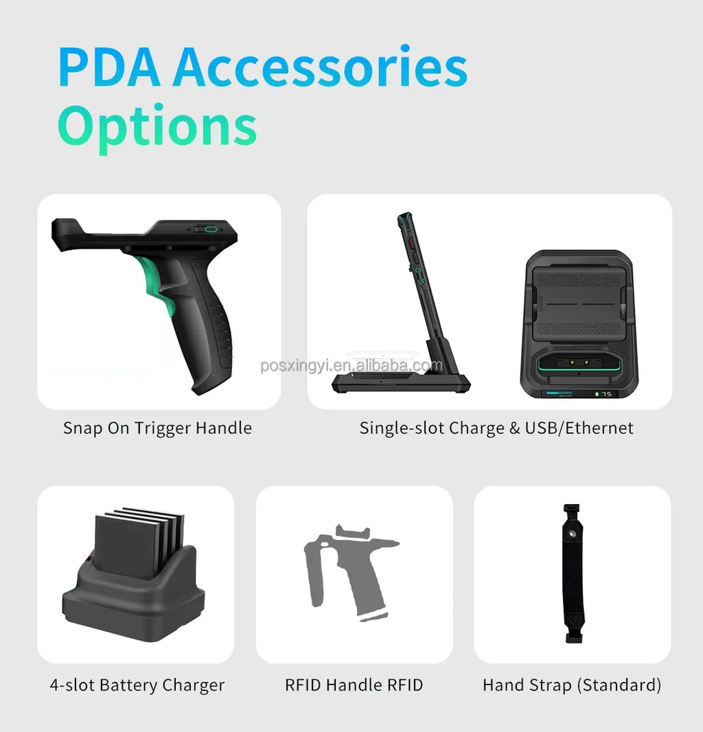 PDA accessory options: handle, single-slot charge dock, 4-slot charger, straps