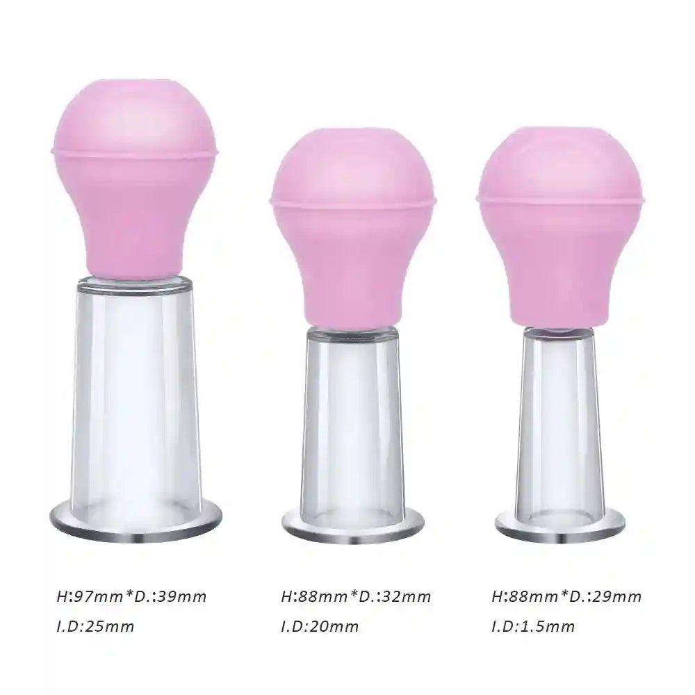Three pink rubber vacuum facial massage cups for skin lifting and anti-cellulite therapy in various sizes.