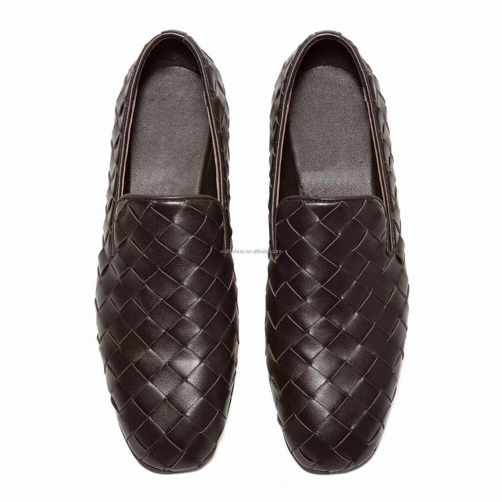Large Size 47 Genuine Leather Intreccia Sunday Slippers Unisex Women Slip-on Dress Men Wedding Shoes Brown Men Leather Loafers