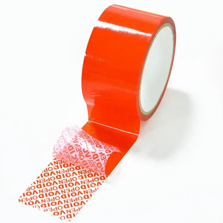 Orange-red security seal void tape roll with tamper-evident VOID text on unrolled strip