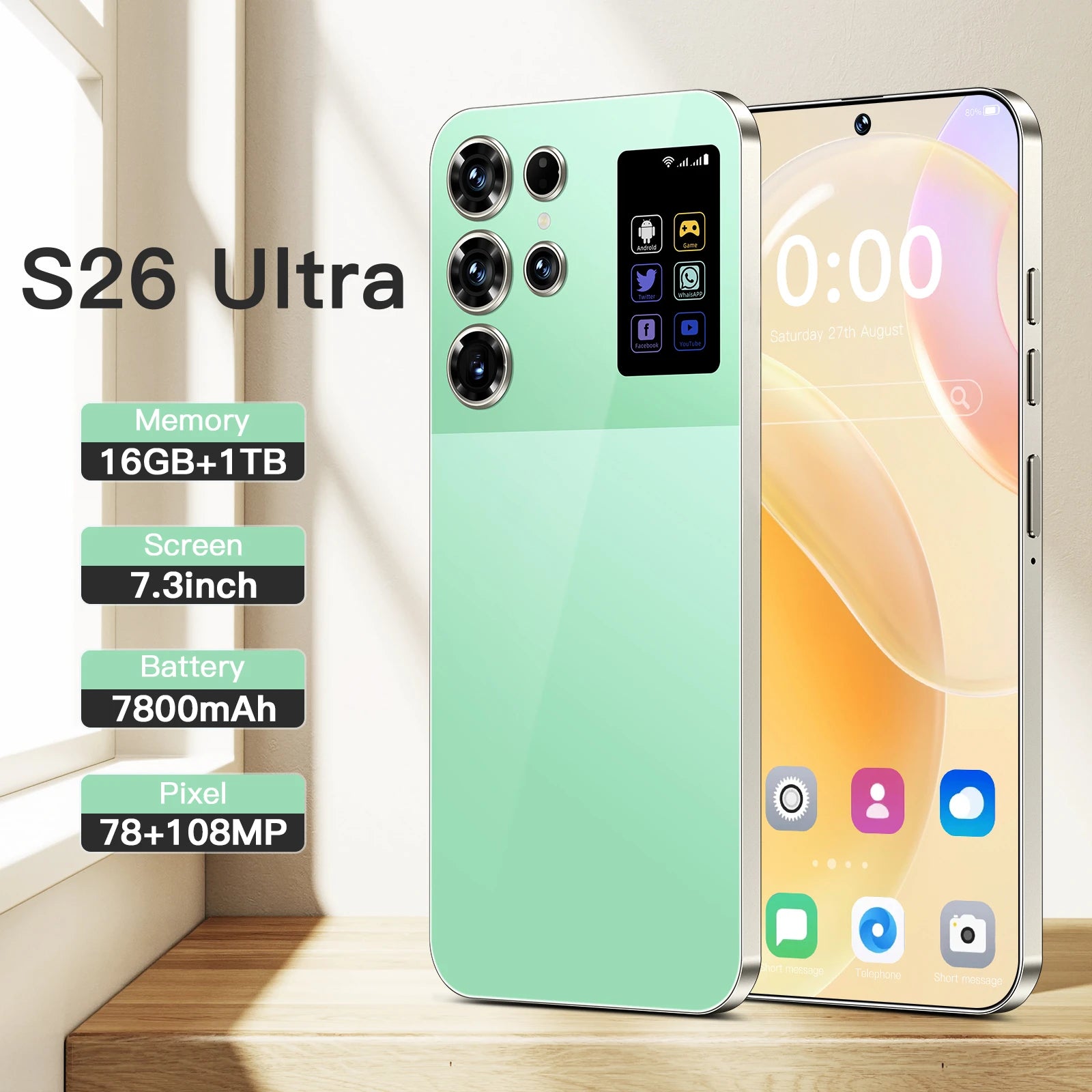 Tidesmit S26 Ultra 5G smartphone with 7.3 inch HD display, 16GB RAM, 1TB storage, and deca core processor.