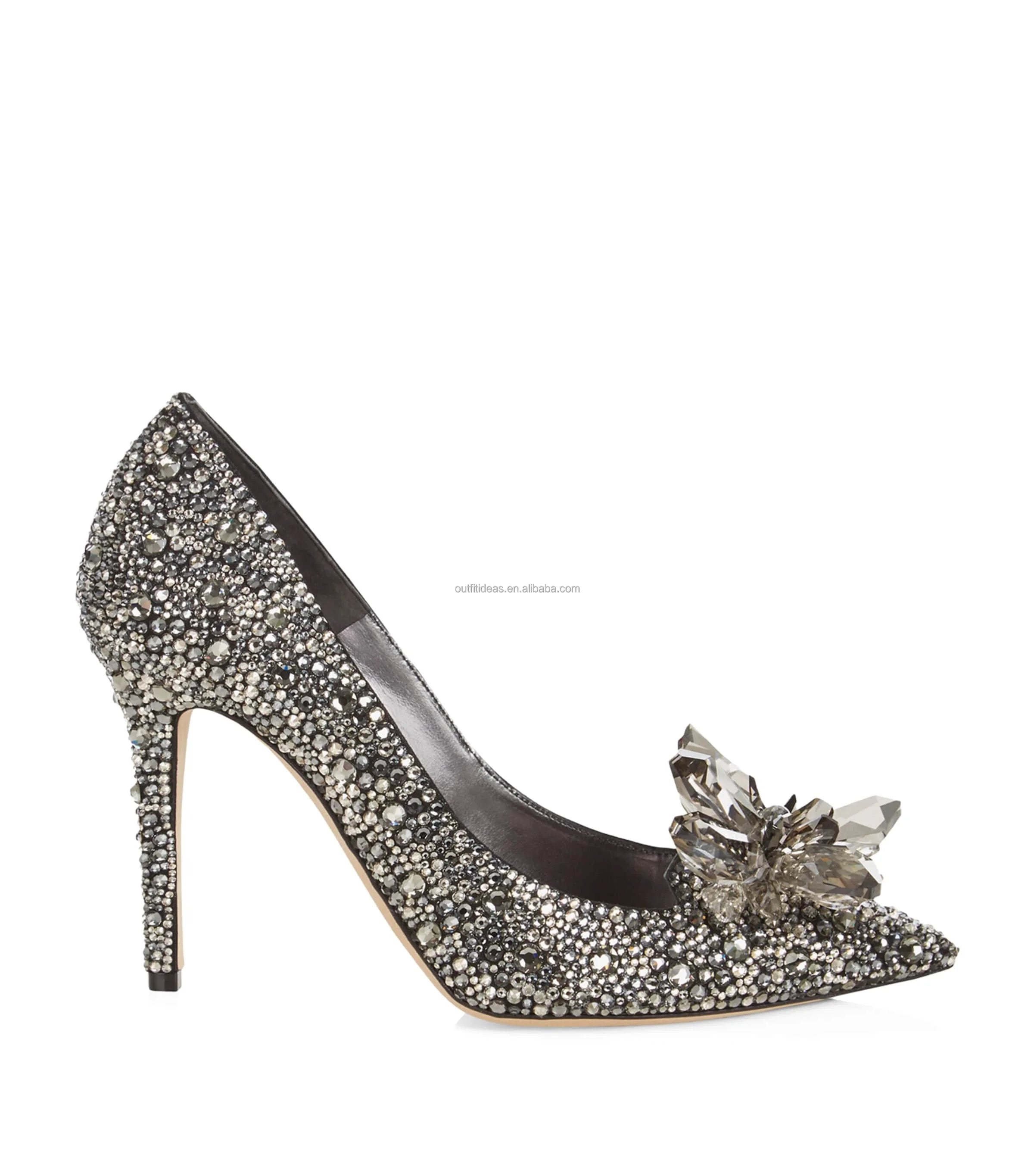 Handmade Embroidered Genuine Leather Sexy Designer Crystal Sandals Stiletto Wedding Shoes Silver Crystal Pointy Toe Bridal Pumps