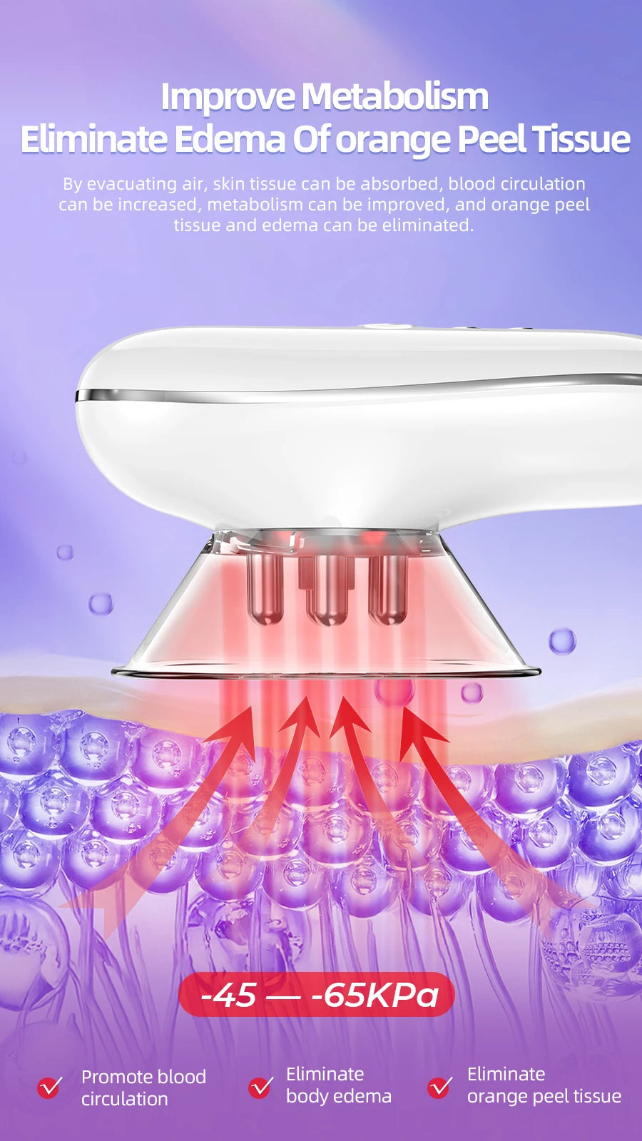 White, handheld 4-in-1 body sculpting device with a clear suction head emitting red light into a cross-section of skin.