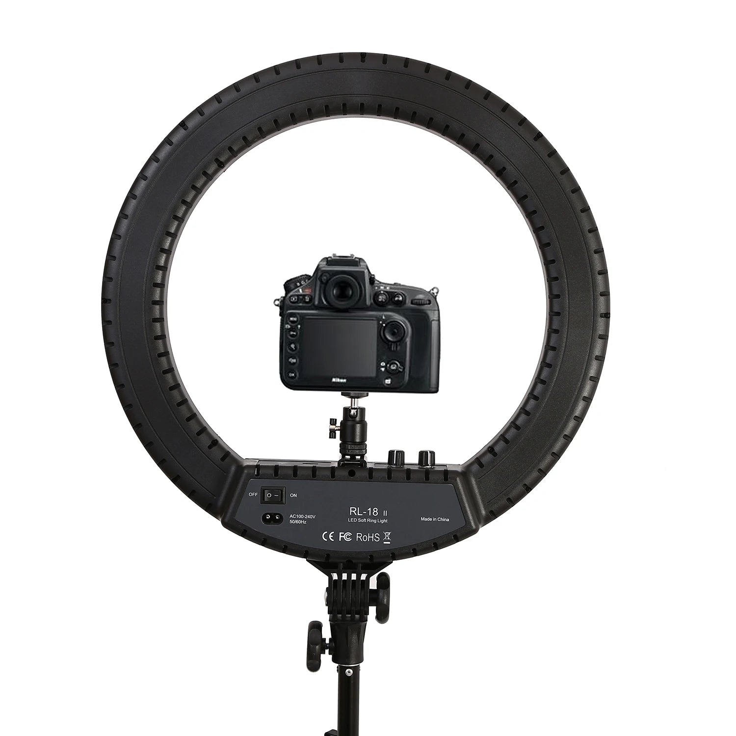 Black 18-inch LED ring light on a stand with a centered digital camera mount for photography and video lighting.