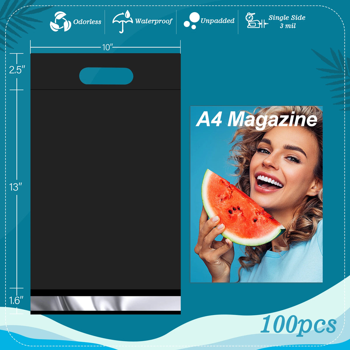 Black 10x13 poly mailer with handle, A4 magazine view, single-sided 3 mil